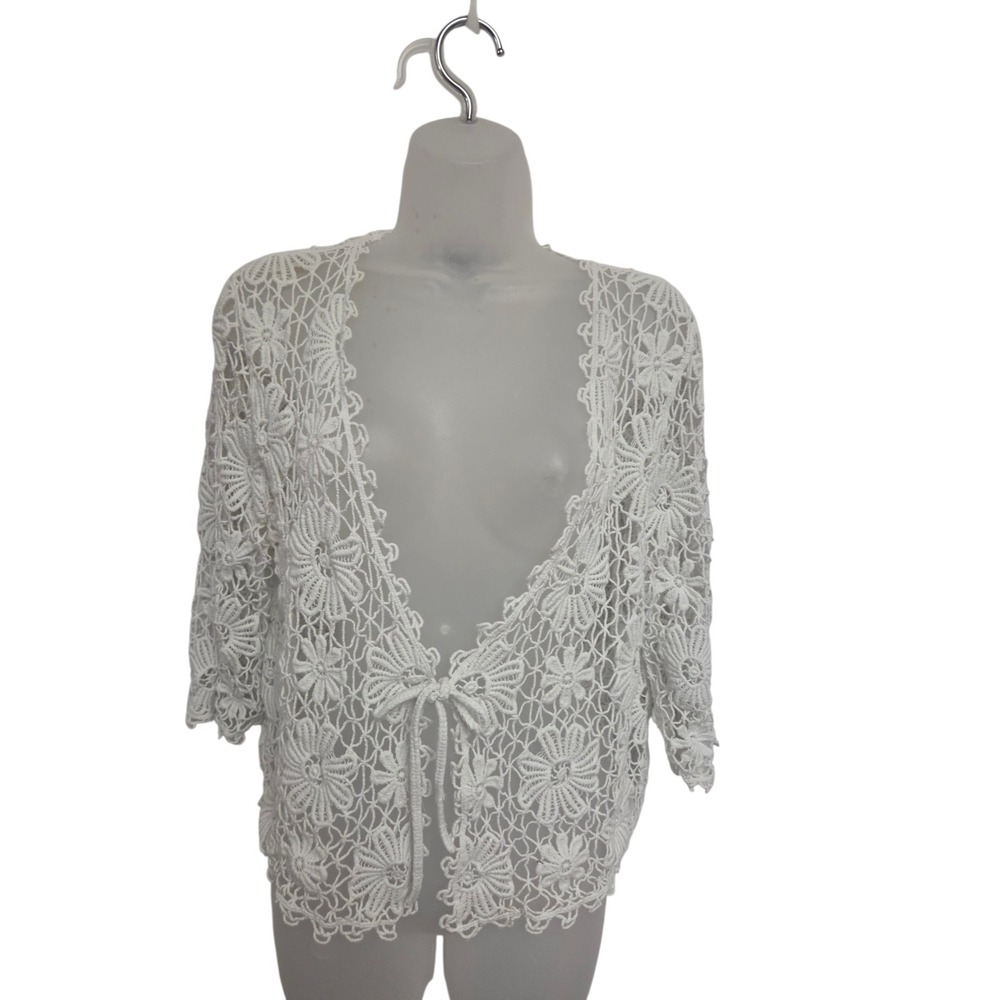Jones New York Signature White Crochet Lace Tie-Front Cardigan Boho Floral L - Picture 1 of 5